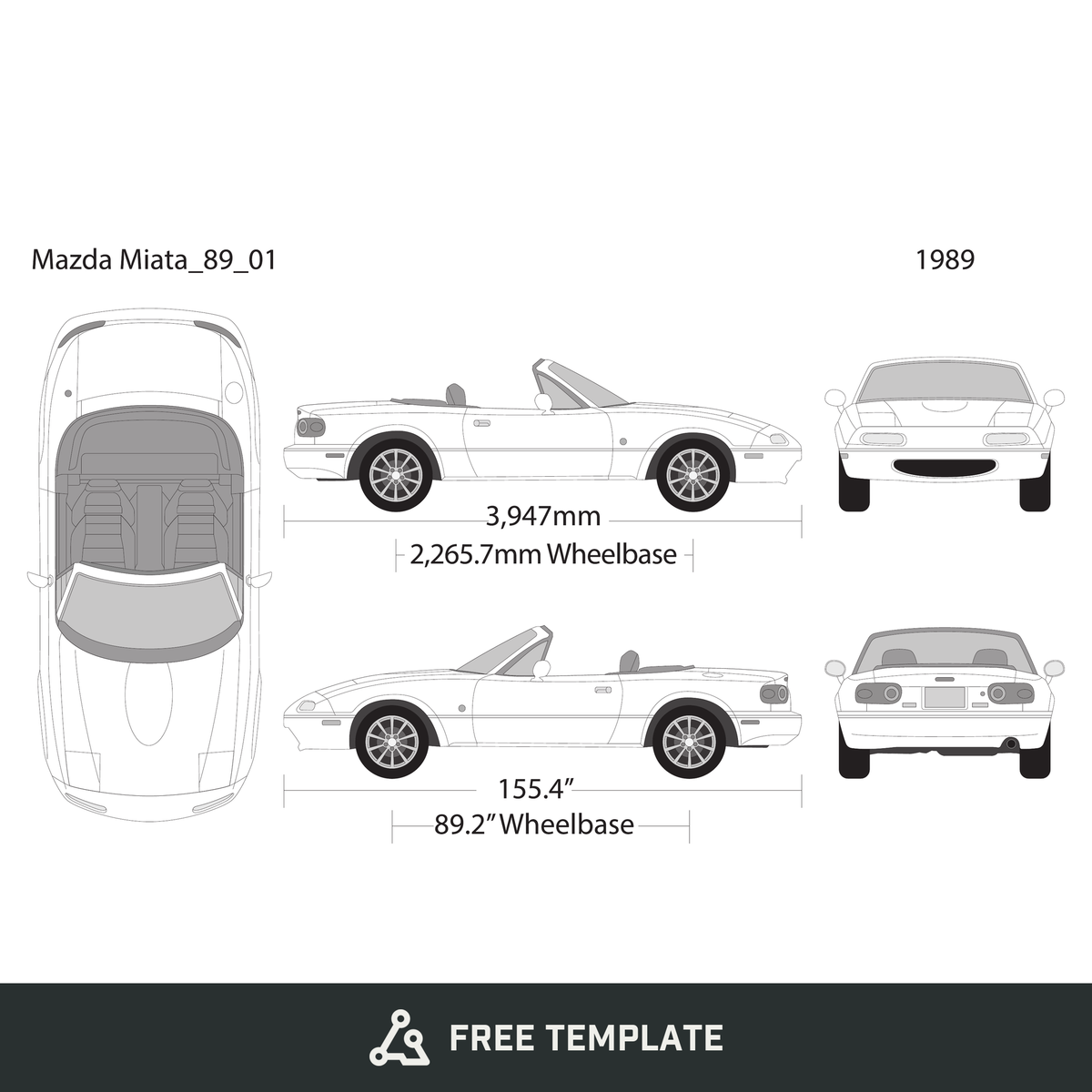 1989 Mazda Miata free vector vehicle wrap template - GravBase
