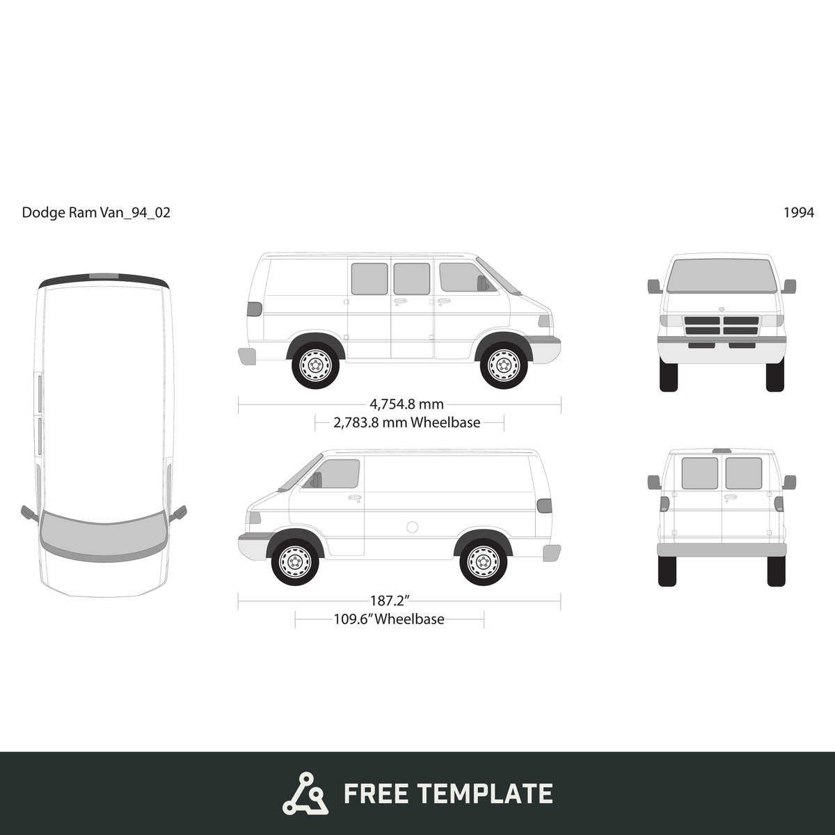 1994 Dodge Ram Van free vector vehicle wrap template - GravBase
