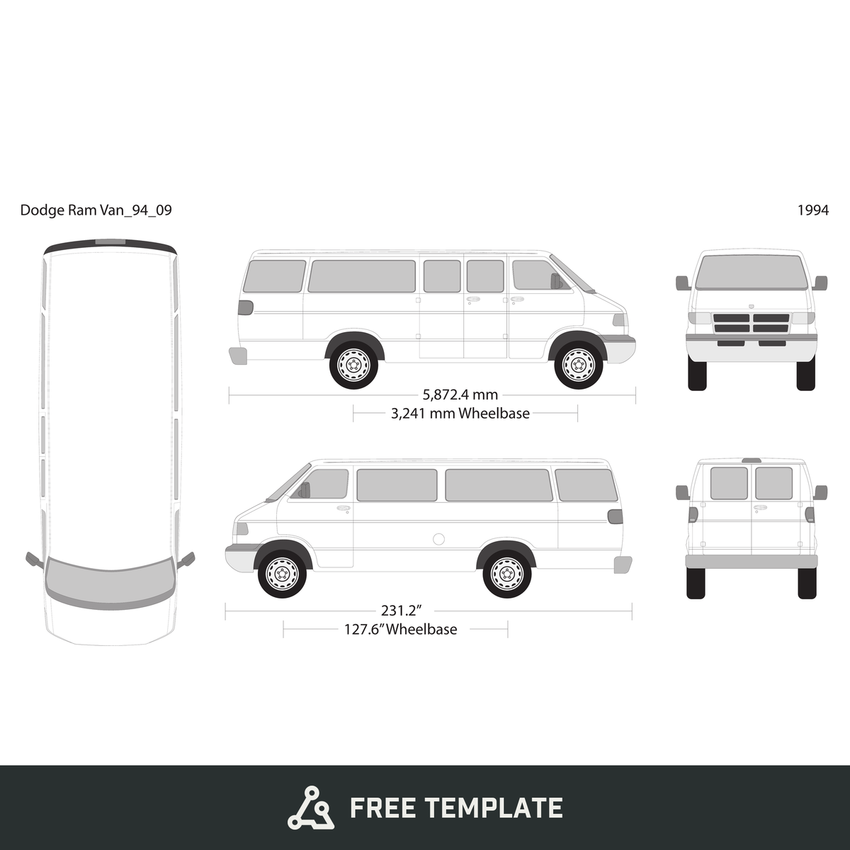 1994 Dodge Ram Van free vector vehicle wrap template - GravBase