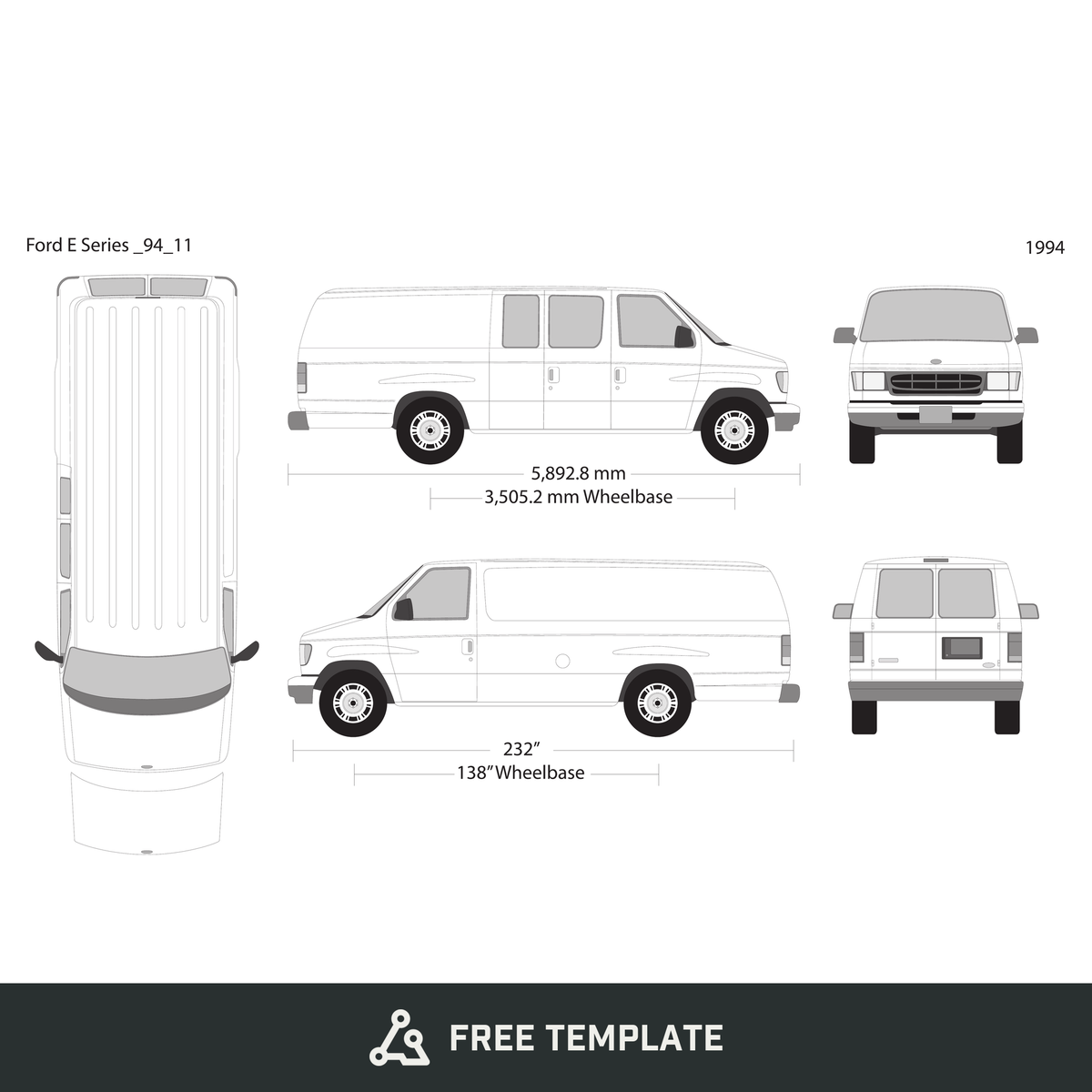 1994 Ford E Series free vector vehicle wrap template - GravBase