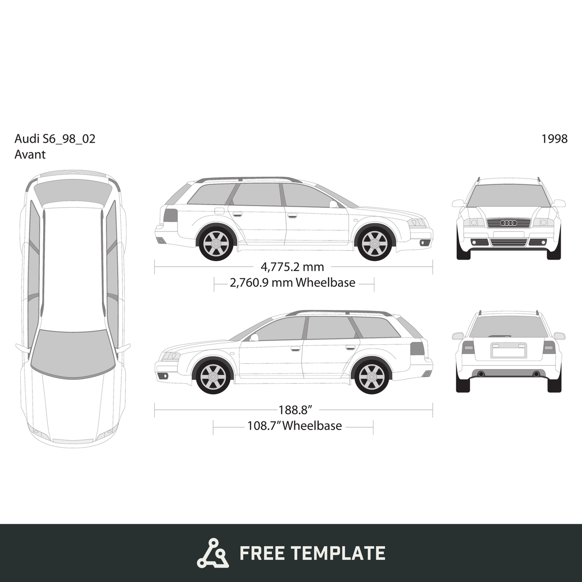 1998 Audi S6 free vector vehicle wrap template - GravBase