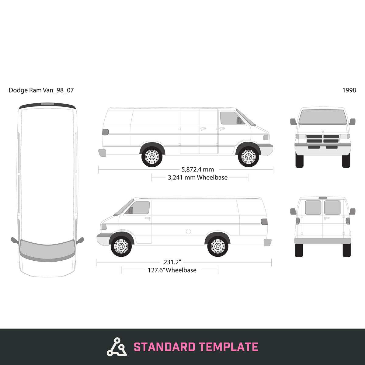 1998 Dodge Ram Van vector wrap template V07, Design-Ready PDF - GravBase