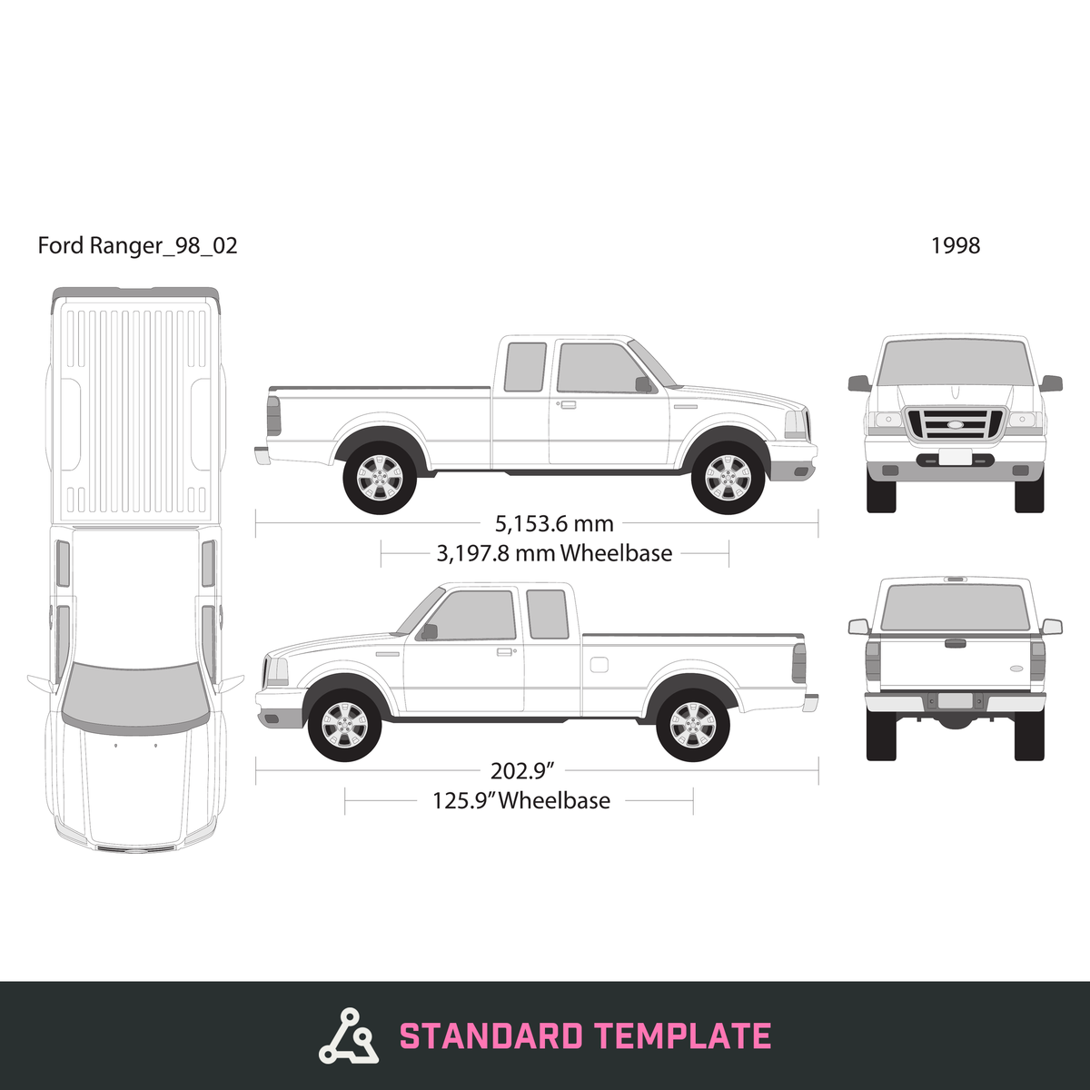 1998 Ford Ranger vector wrap template V02, Design-Ready PDF - GravBase
