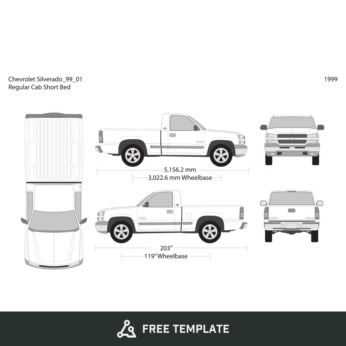 1999 Chevy Silverado 1500 free vector vehicle wrap template - GravBase