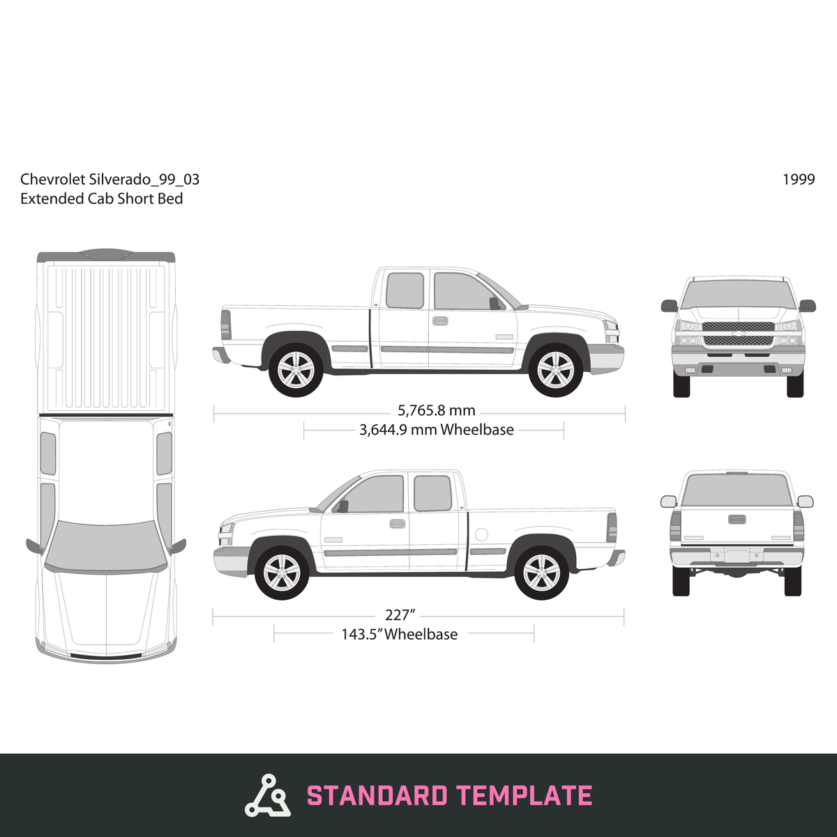 1999 Chevy Silverado 1500 vector wrap template V03, Design-Ready PDF - GravBase