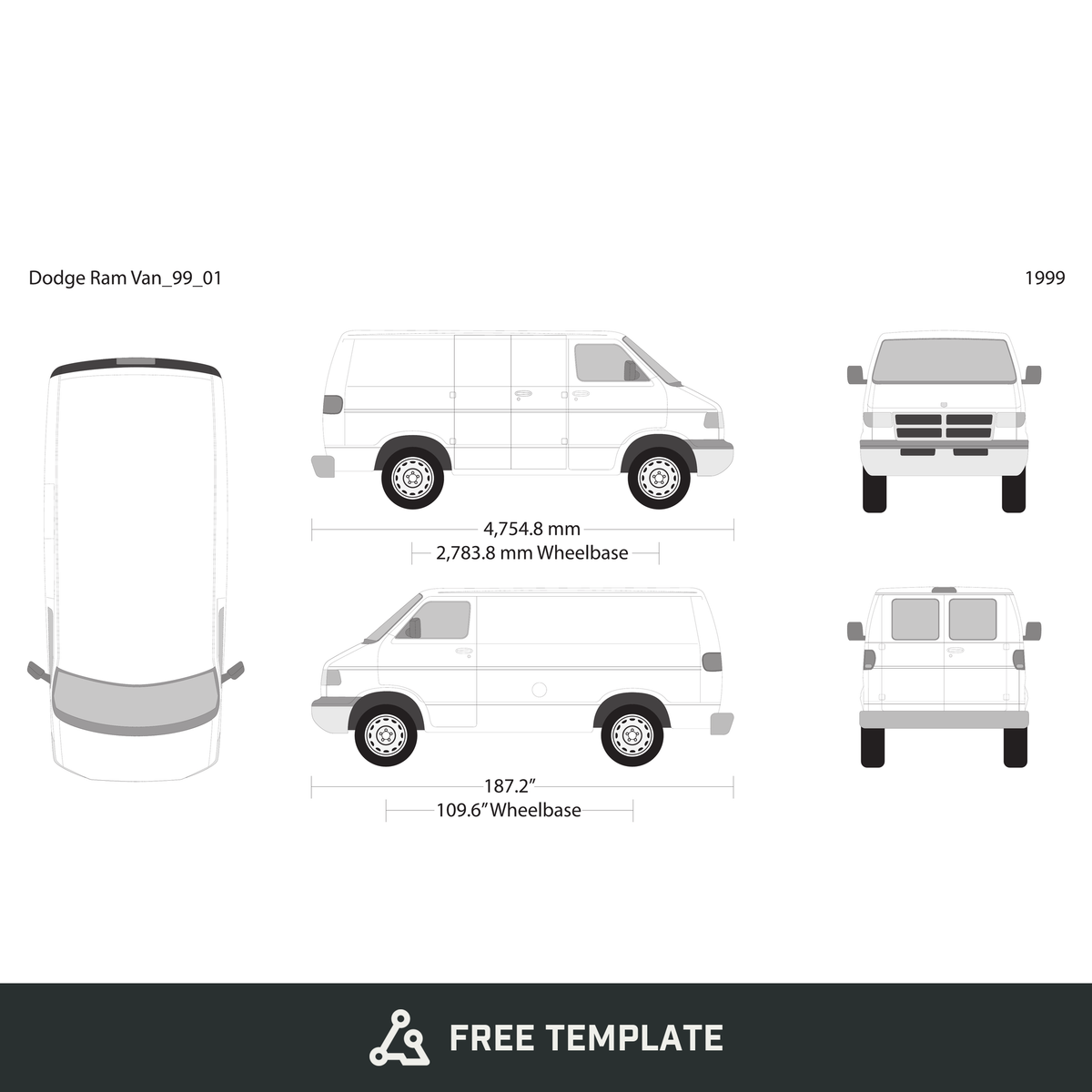1999 Dodge Ram Van free vector vehicle wrap template - GravBase