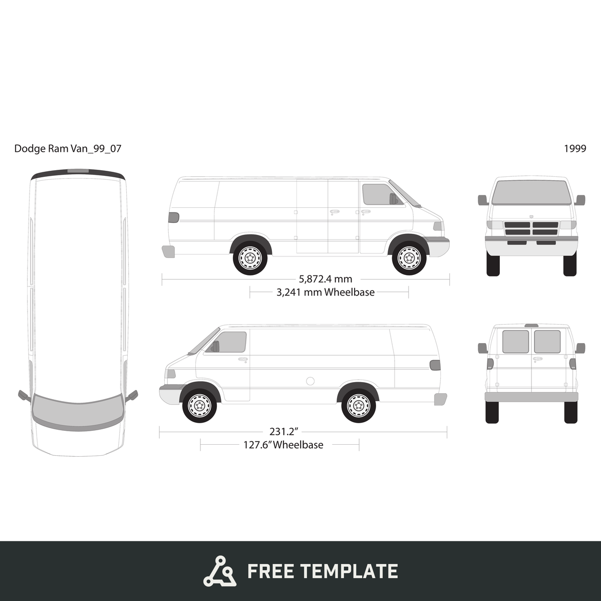 1999 Dodge Ram Van free vector vehicle wrap template - GravBase