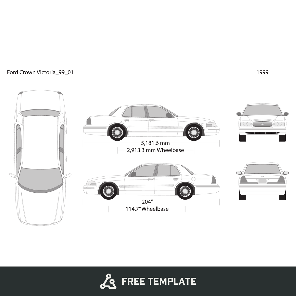 1999 Ford Crown Victoria free vector vehicle wrap template - GravBase