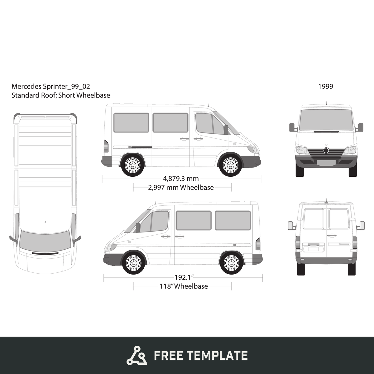1999 Mercedes Sprinter free vector vehicle wrap template - GravBase