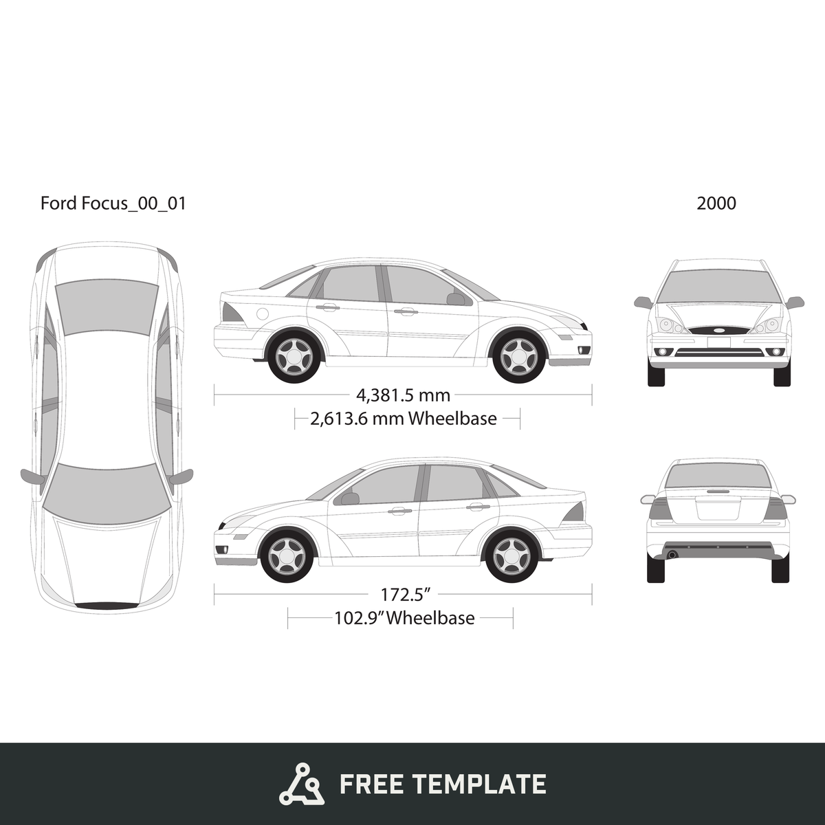 2000 Ford Focus free vector vehicle wrap template - GravBase