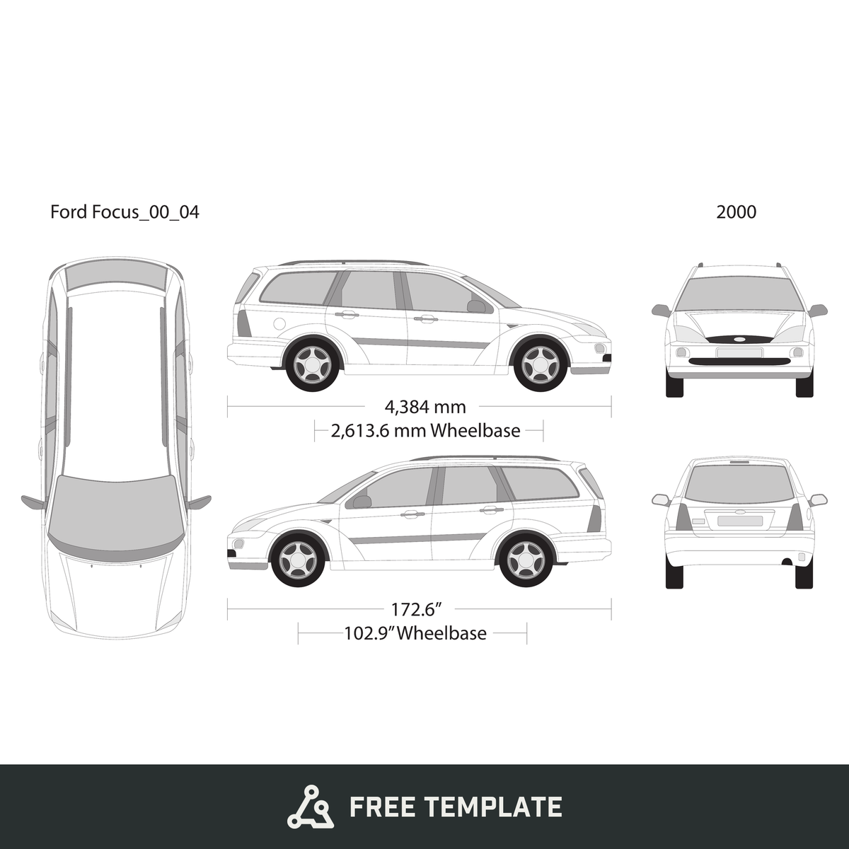 2000 Ford Focus free vector vehicle wrap template - GravBase