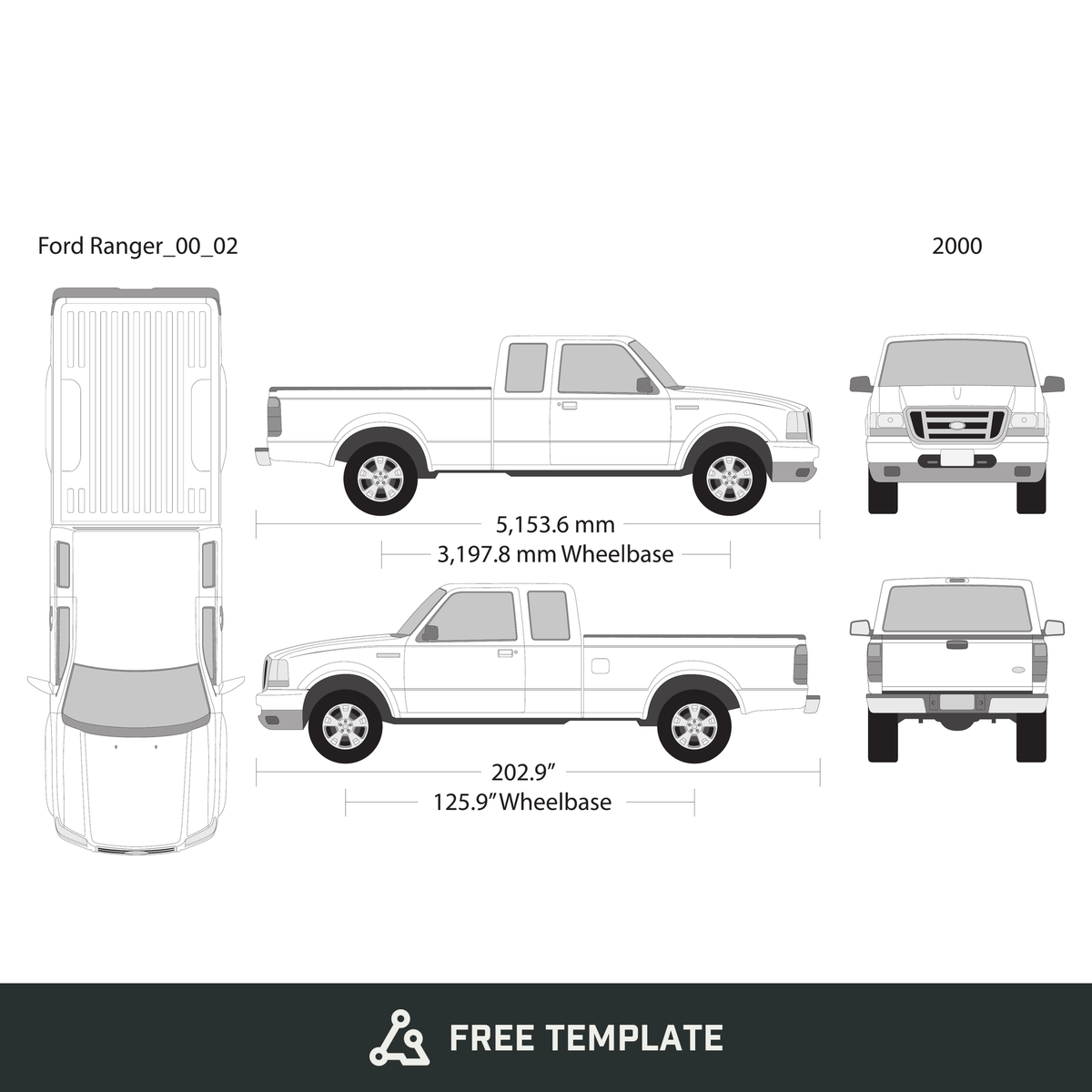 2000 Ford Ranger free vector vehicle wrap template - GravBase