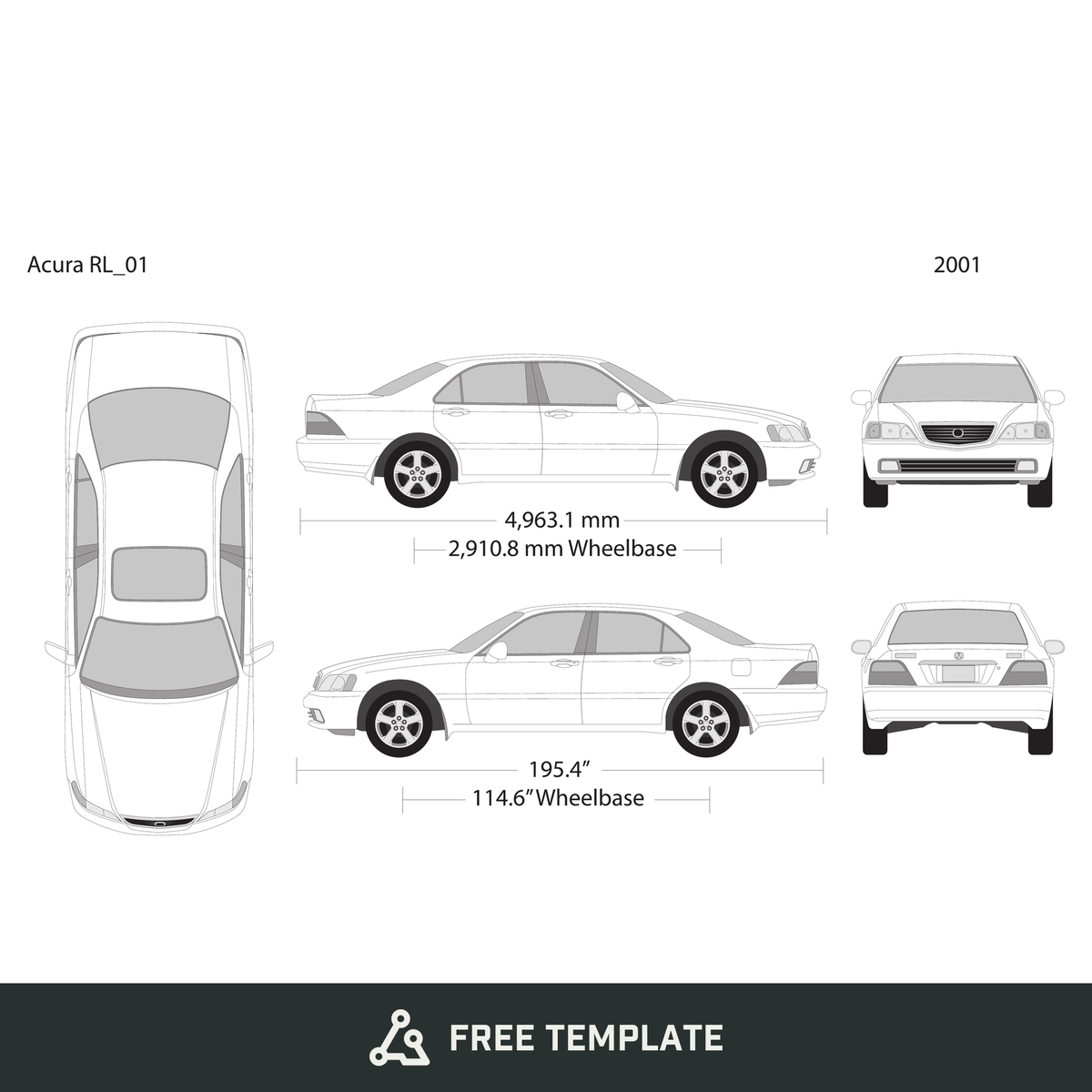 2001 Acura RL free vector vehicle wrap template - GravBase