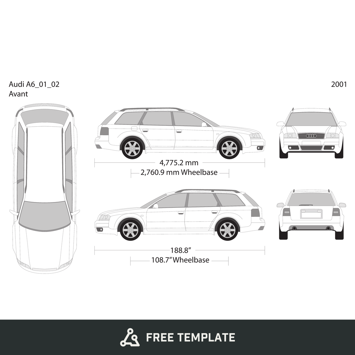 2001 Audi A6 free vector vehicle wrap template - GravBase