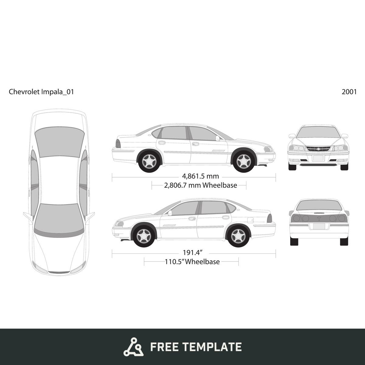 2001 Chevy Impala free vector vehicle wrap template - GravBase