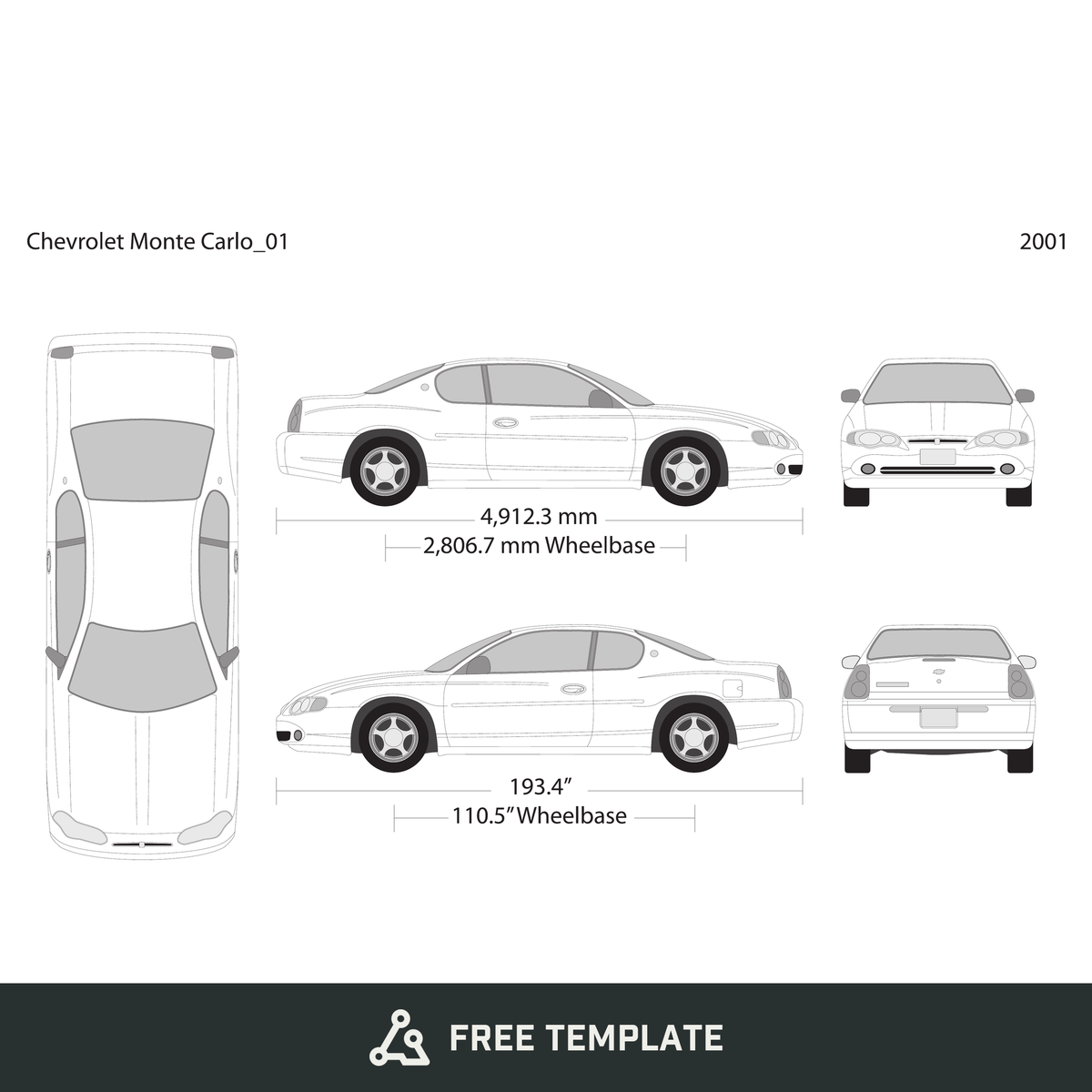 2001 Chevy Montcarl free vector vehicle wrap template - GravBase