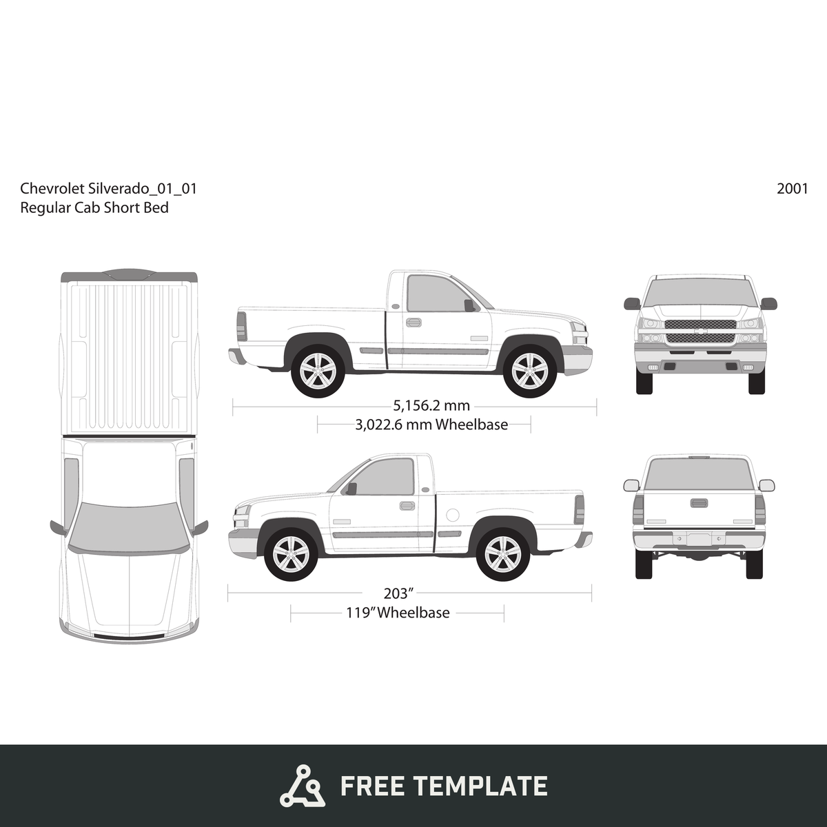 2001 Chevy Silverado 1500 free vector vehicle wrap template - GravBase