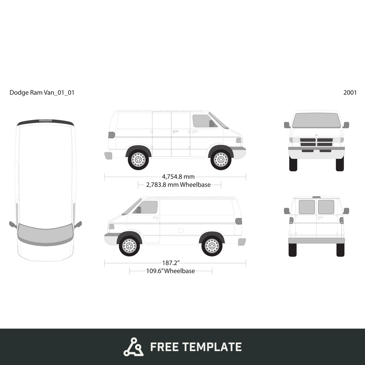 2001 Dodge Ram Van free vector vehicle wrap template - GravBase