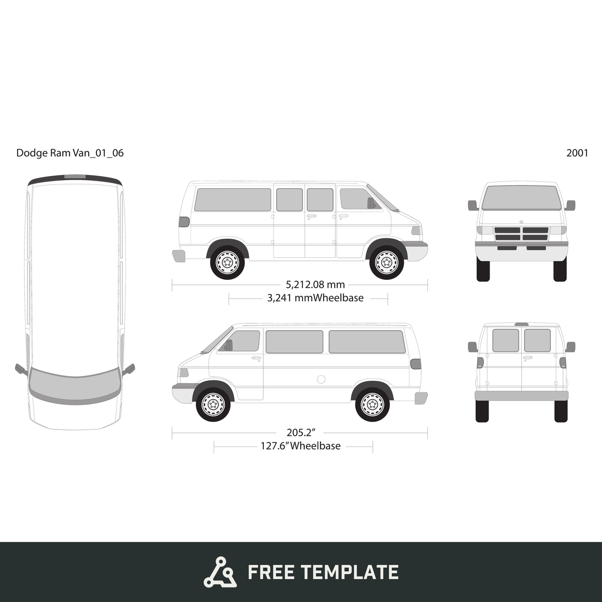 2001 Dodge Ram Van free vector vehicle wrap template - GravBase