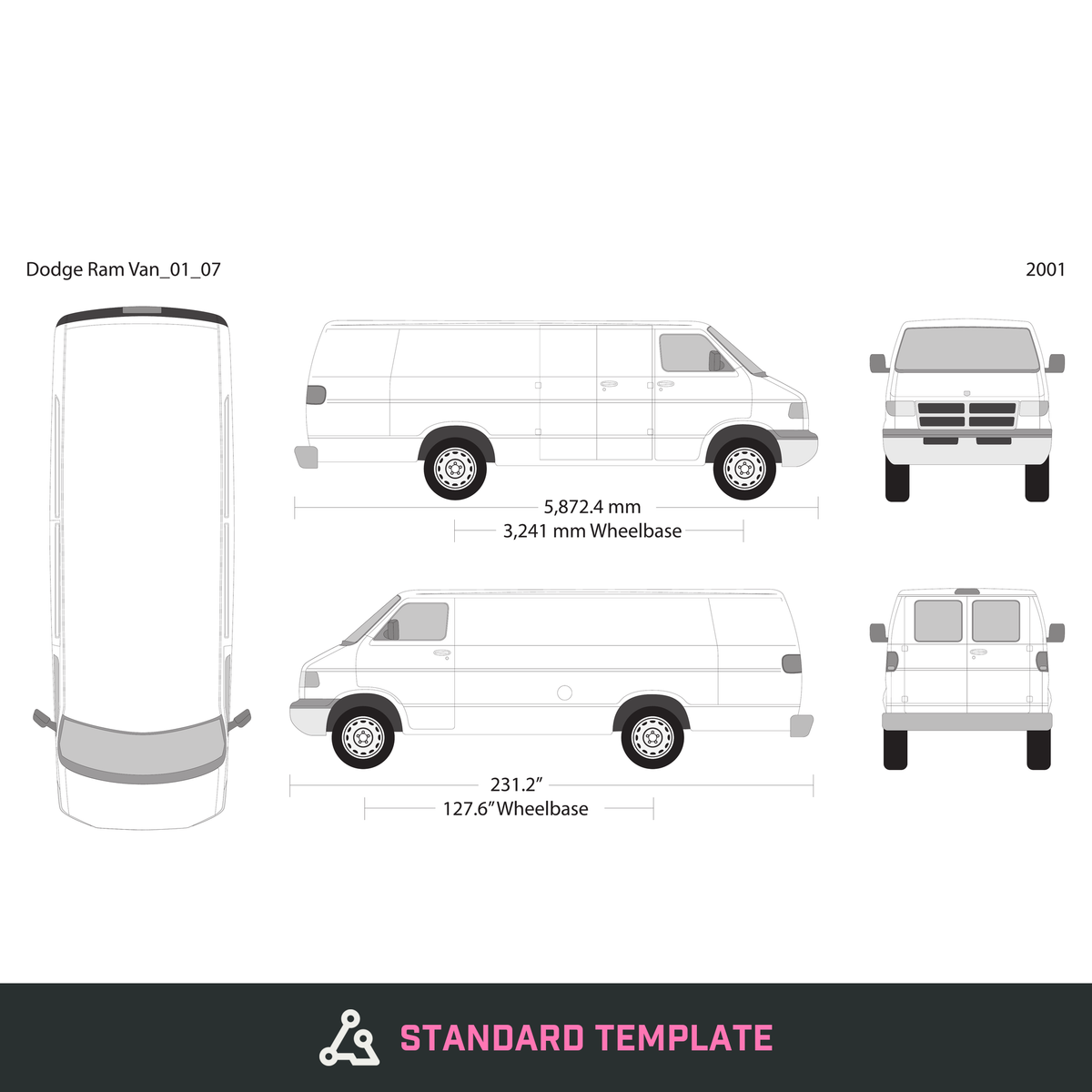 2001 Dodge Ram Van vector wrap template V07, Design-Ready PDF - GravBase