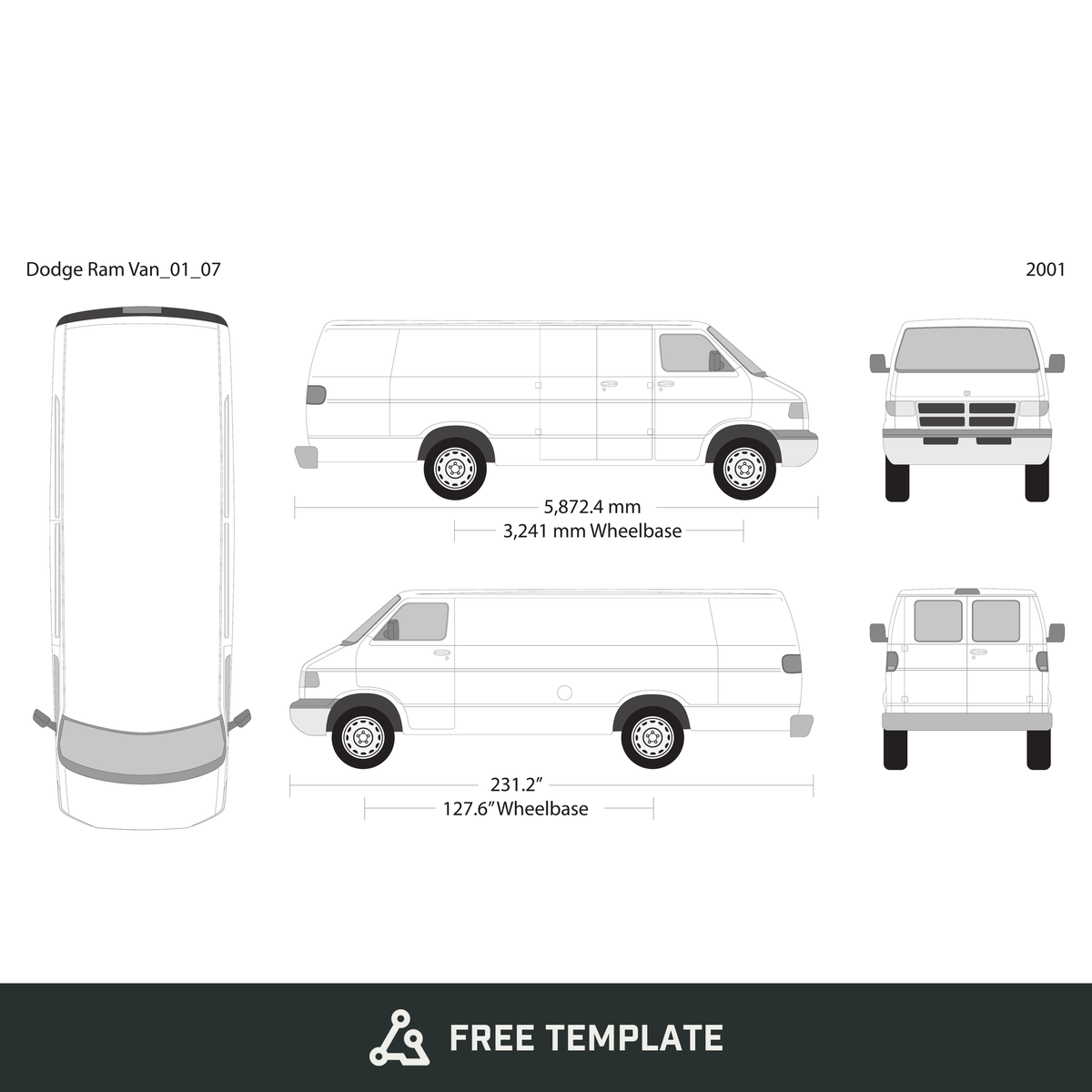 2001 Dodge Ram Van free vector vehicle wrap template - GravBase