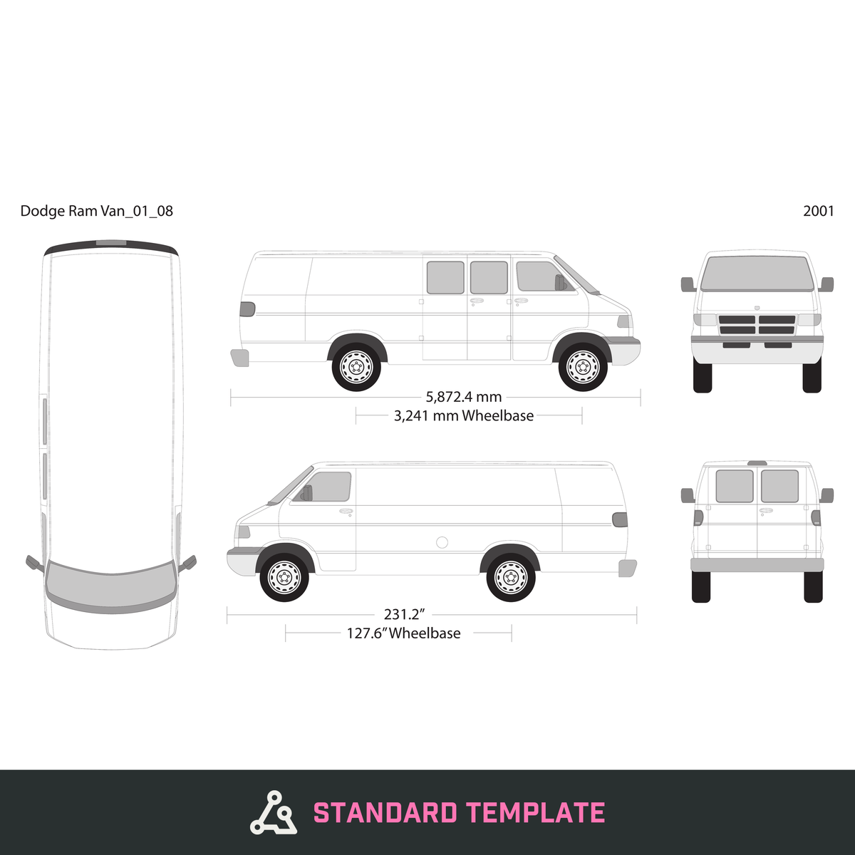 2001 Dodge Ram Van vector wrap template V08, Design-Ready PDF - GravBase