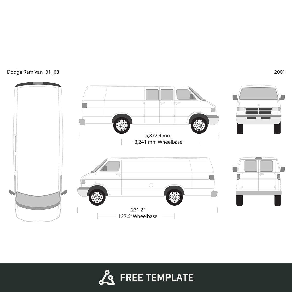 2001 Dodge Ram Van free vector vehicle wrap template - GravBase