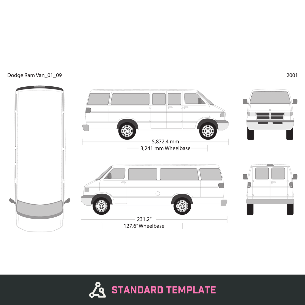 2001 Dodge Ram Van vector wrap template V09, Design-Ready PDF - GravBase