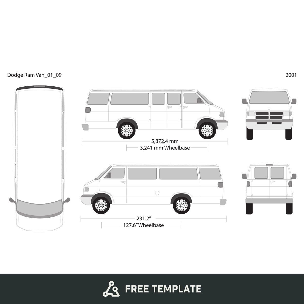 2001 Dodge Ram Van free vector vehicle wrap template - GravBase