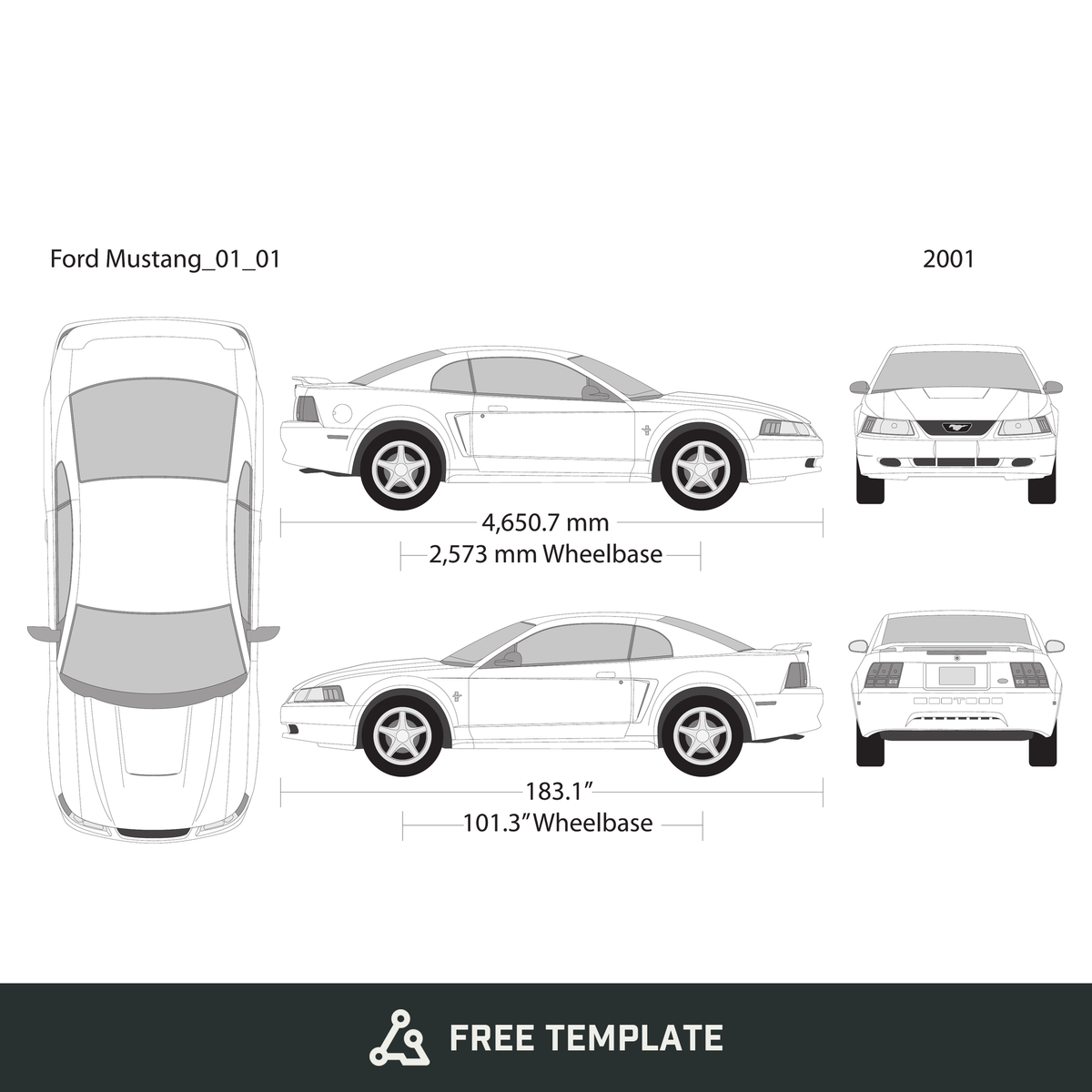 2001 Ford Mustang free vector vehicle wrap template - GravBase