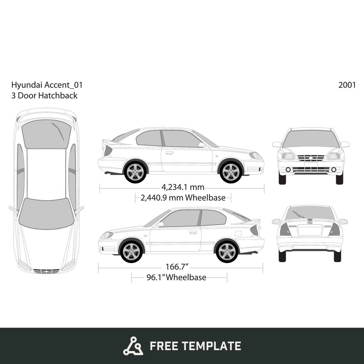 2001 Hyundai Accent Hatchback free vector vehicle wrap template - GravBase