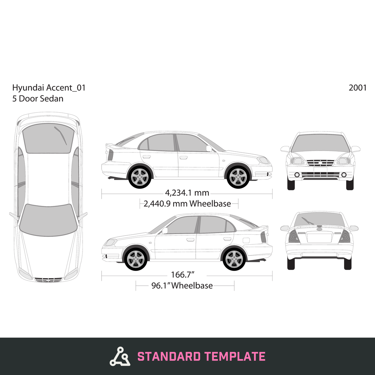 2001 Hyundai Accent Sedan vector wrap template, Design-Ready PDF - GravBase