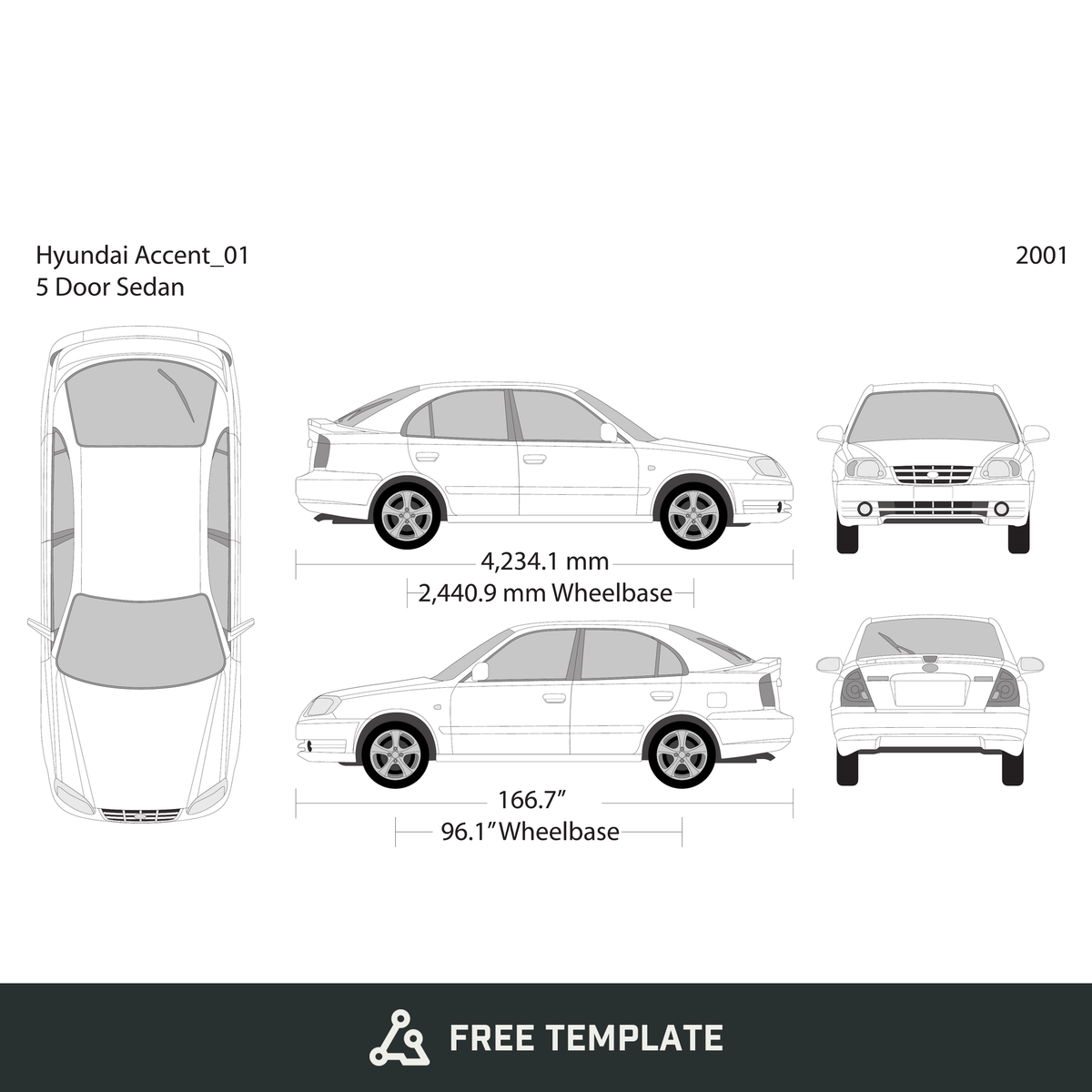 2001 Hyundai Accent Sedan free vector vehicle wrap template - GravBase