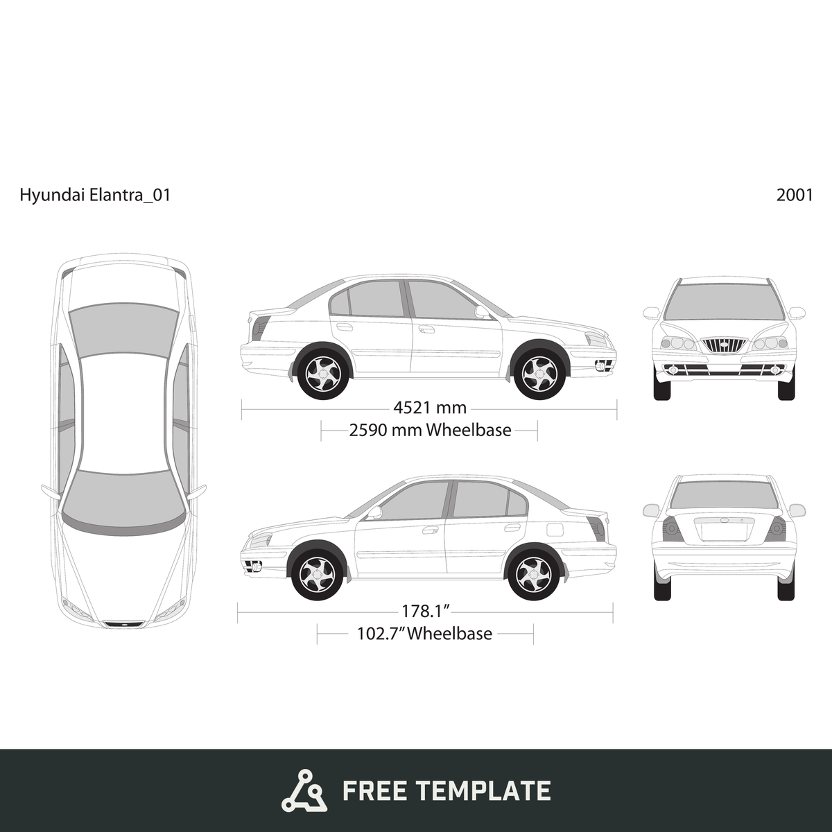2001 Hyundai Elantra free vector vehicle wrap template - GravBase