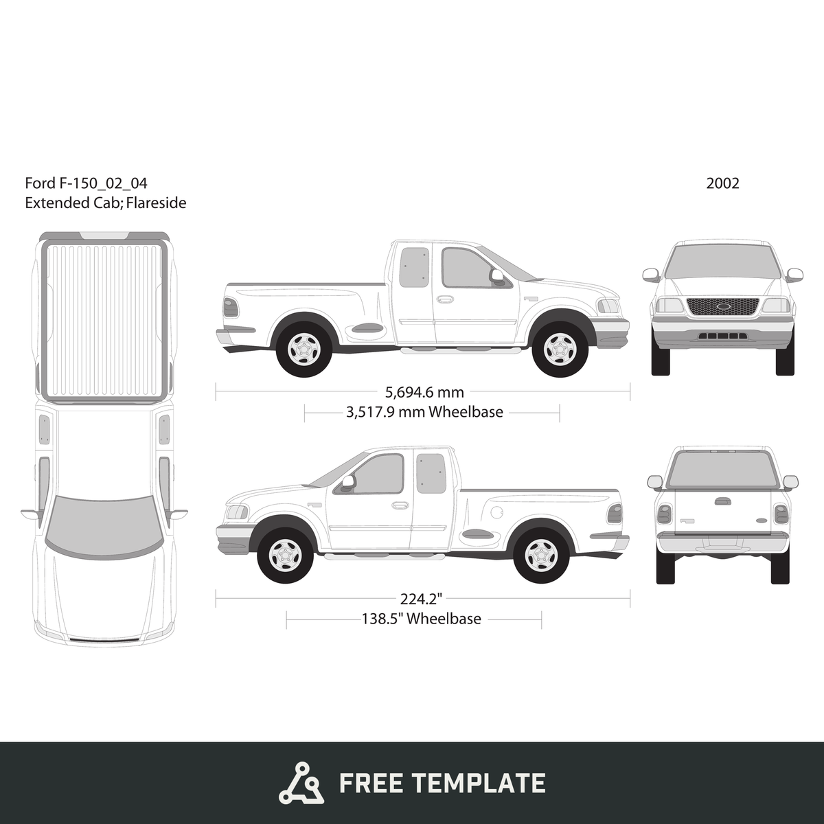 2002 Ford F-150 free vector vehicle wrap template - GravBase