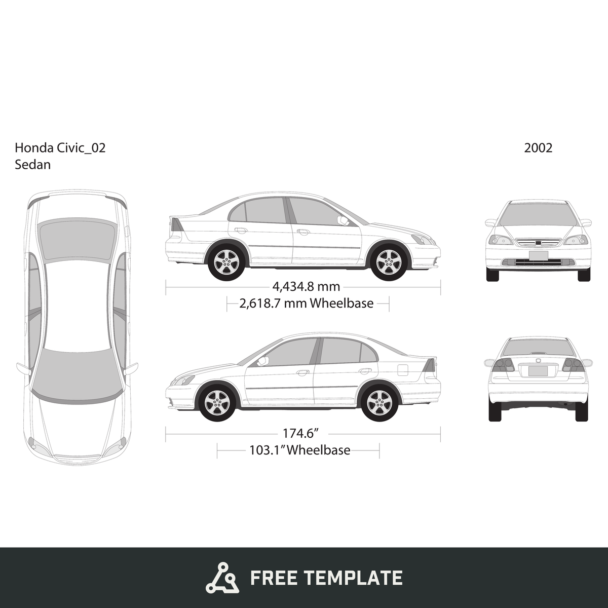 2002 Honda Civic Sedan free vector vehicle wrap template - GravBase