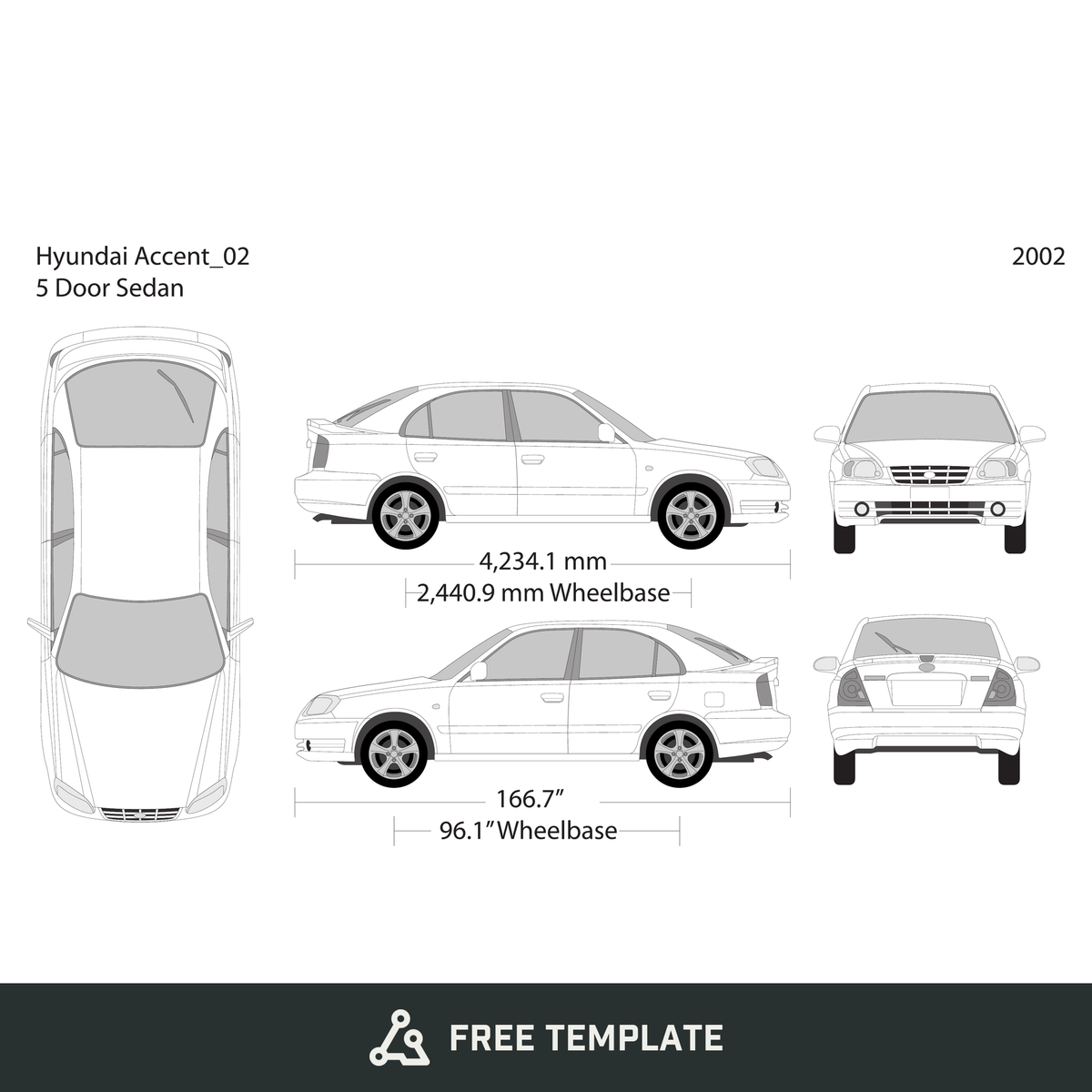 2002 Hyundai Accent Sedan free vector vehicle wrap template - GravBase