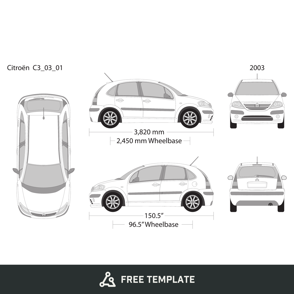 2003 Citroen C3 free vector vehicle wrap template - GravBase