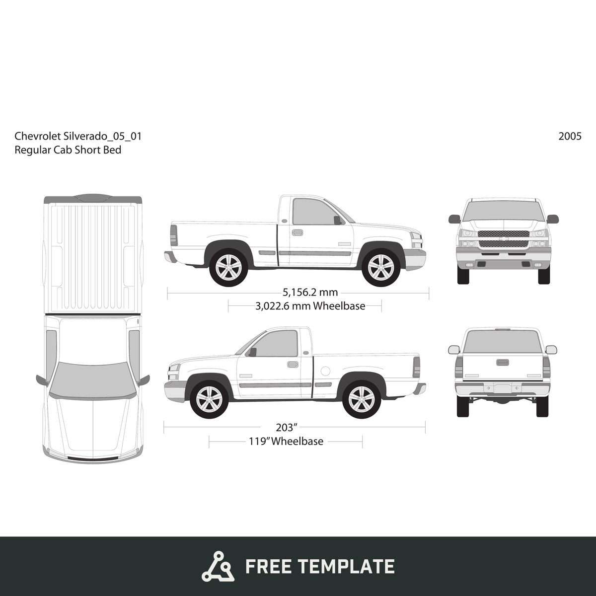 2005 Chevy Silverado 1500 free vector vehicle wrap template - GravBase
