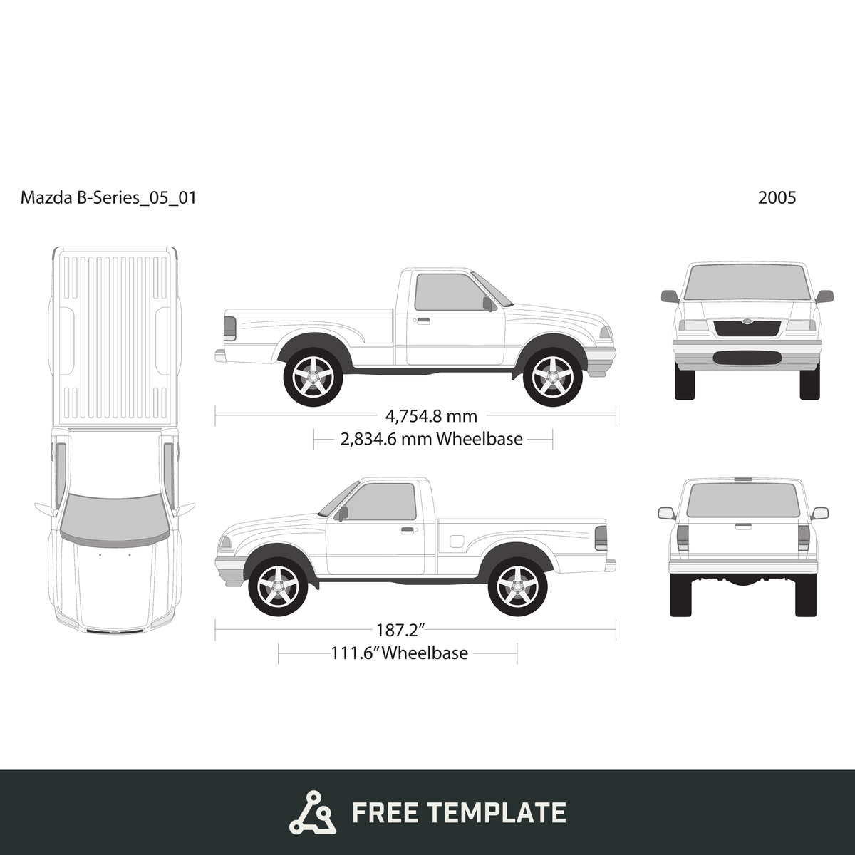 2005 Mazda B-Series free vector vehicle wrap template - GravBase