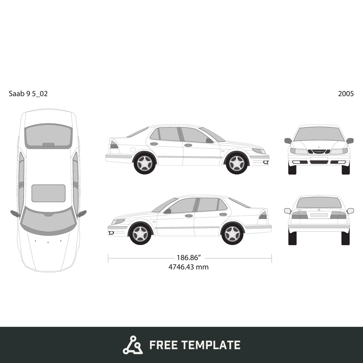 2005 Saab 9 5 free vector vehicle wrap template - GravBase
