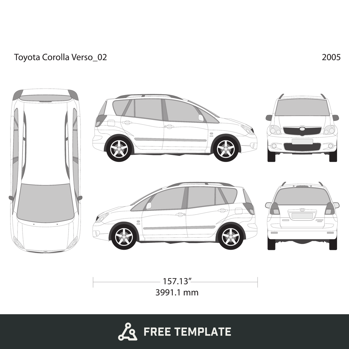 2005 Toyota Corolla Verso free vector vehicle wrap template - GravBase