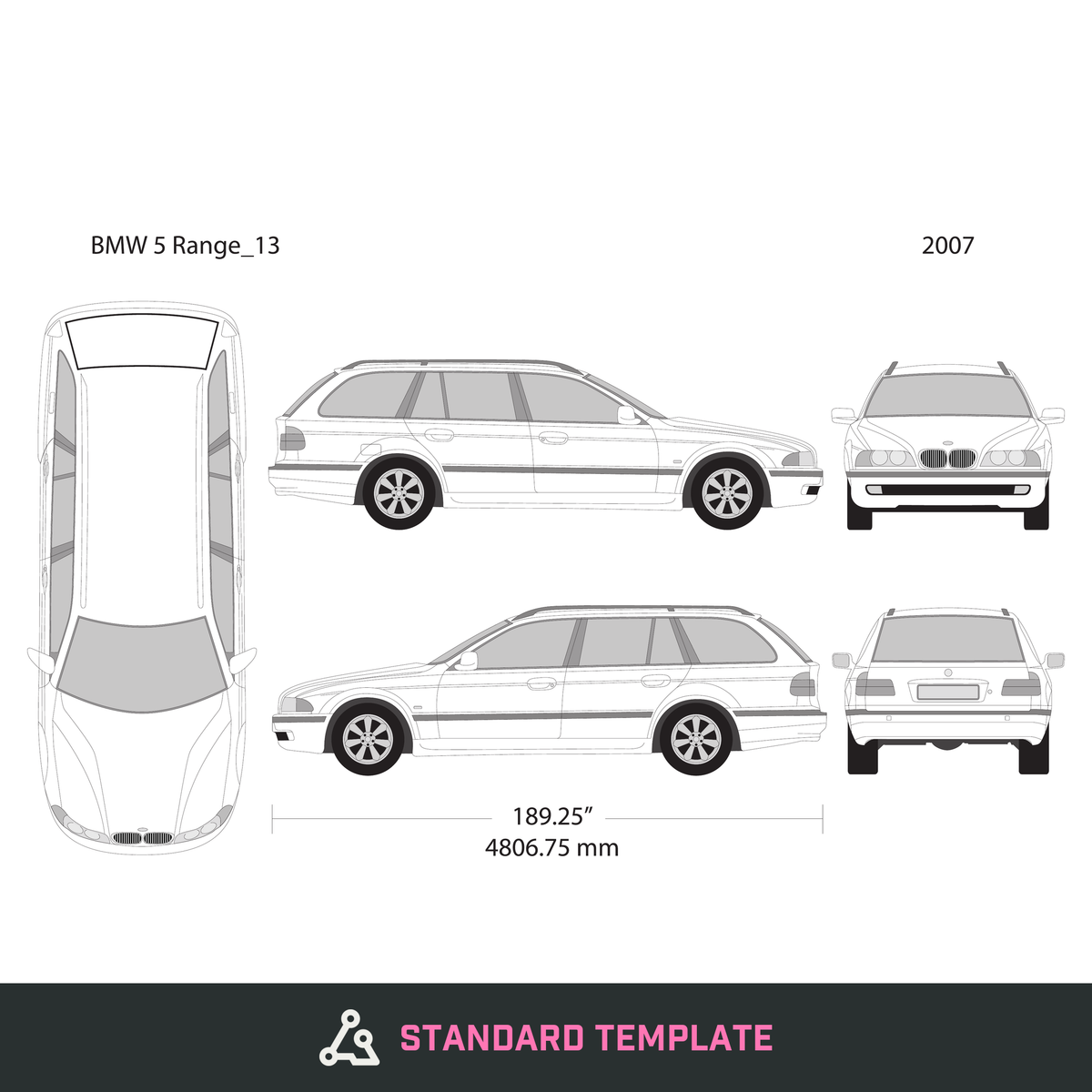 2007 BMW 5 vector wrap template V13, Design-Ready PDF - GravBase