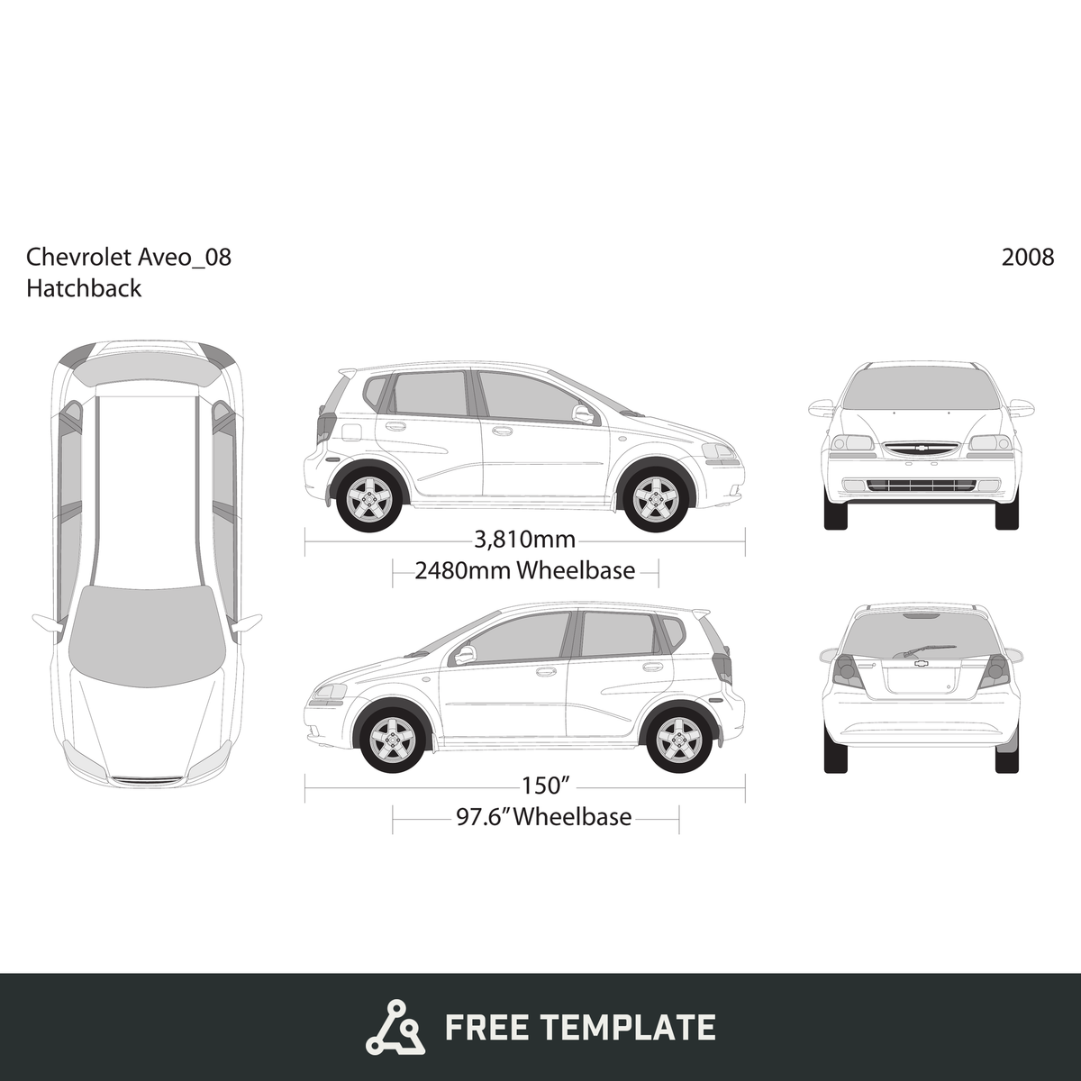 2008 Chevy Aveo Hatchback free vector vehicle wrap template - GravBase
