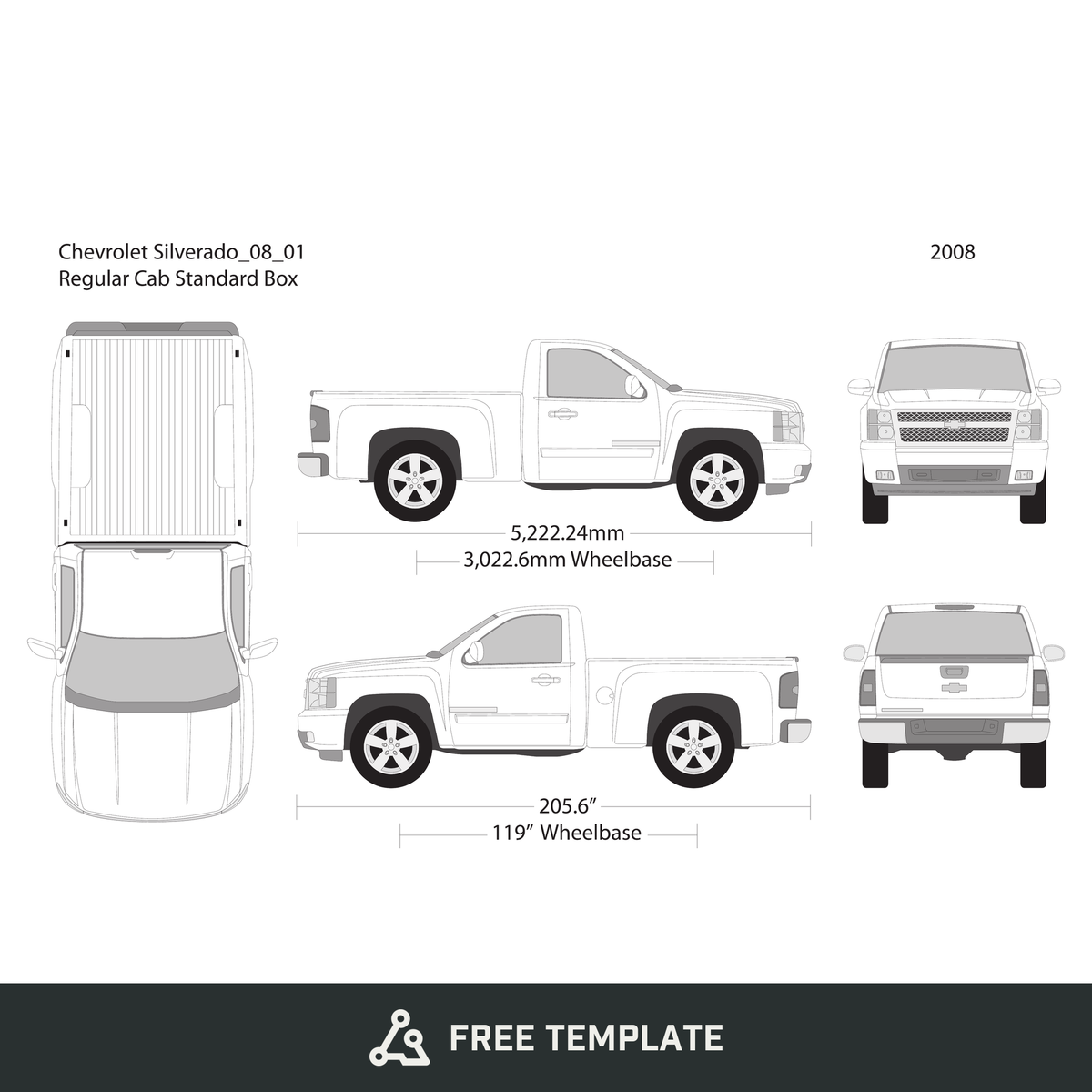2008 Chevy Silverado 1500 free vector vehicle wrap template - GravBase
