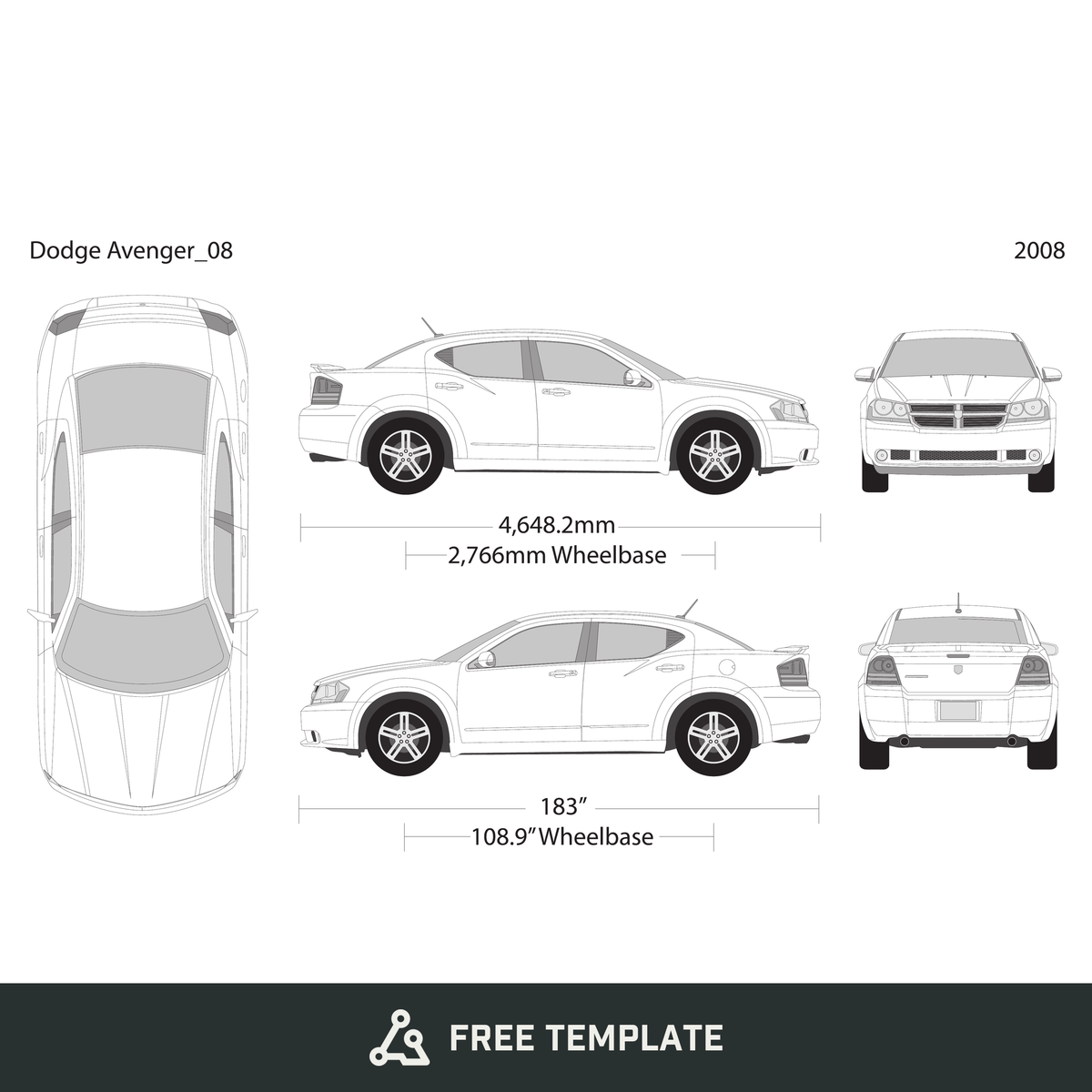 2008 Dodge Avenger free vector vehicle wrap template - GravBase