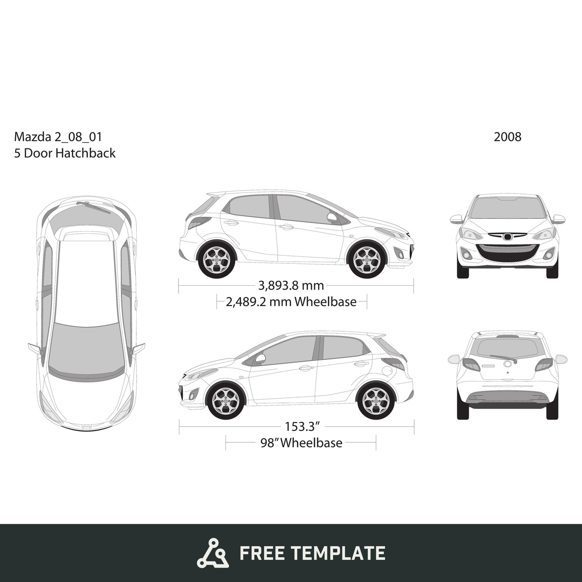 2008 Mazda 2 free vector vehicle wrap template - GravBase