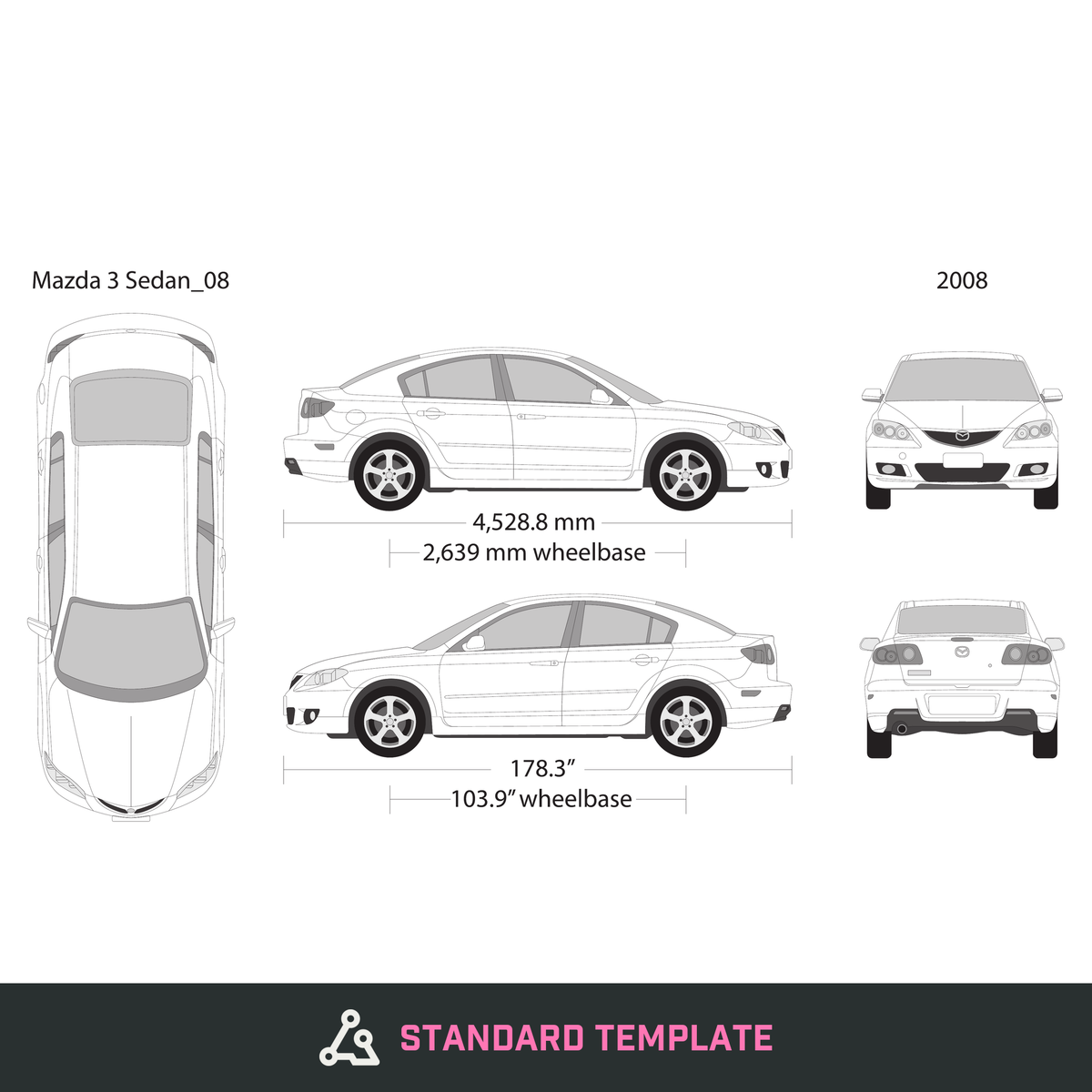 2008 Mazda 3 Sedan vector wrap template, Design-Ready PDF - GravBase