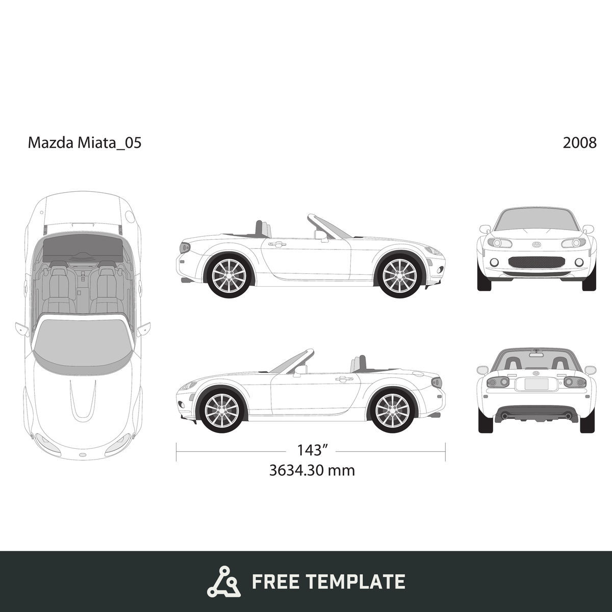 2008 Mazda Miata free vector vehicle wrap template - GravBase