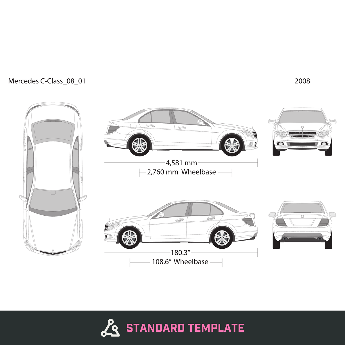 2008 Mercedes C-Class vector wrap template, Design-Ready PDF - GravBase